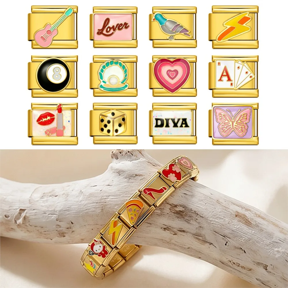 1PC Y2K Fashion Charm Italian Guitar Pigeon Heart Butterfly Gold Color Stainless Steel DIY Making Bracelets Women Men Jewelry