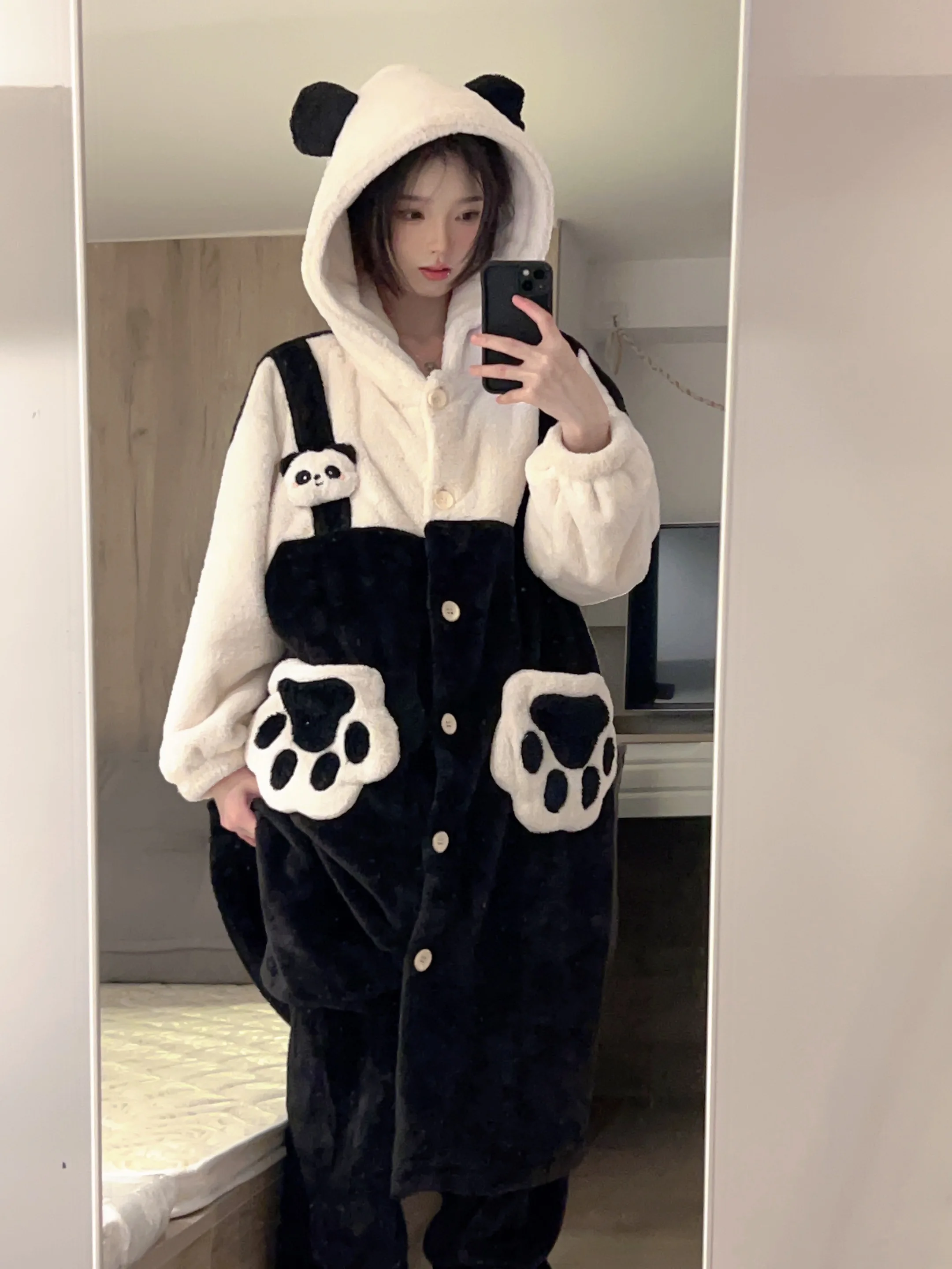 Panda Coral Fleece Night-robe Oversized Winter Women Hooded Single Breasted Cute Nightgown Thick Warm Kawaii Home Clothes