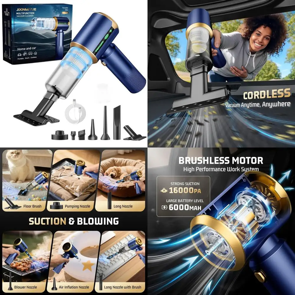 

Cordless Car Vacuum Cleaner: 16000Pa Suction, Brushless Motor, HEPA Filter - Lightweight for Cars & Offices, Blue