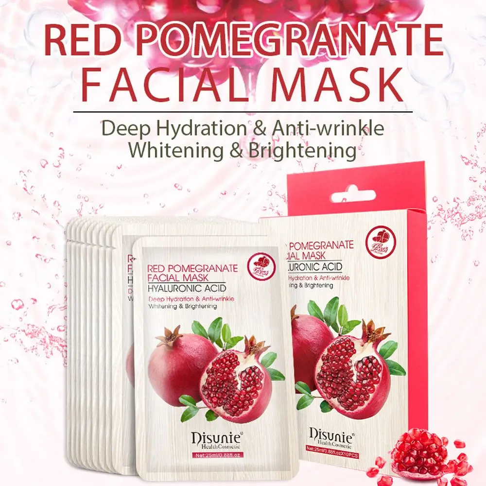 10pCS Natural Pomegranate Hyaluronic Acid Facial Mask Moisturizing Oil Control Whitening Shrink Pores Wrapped Mask Skin Care