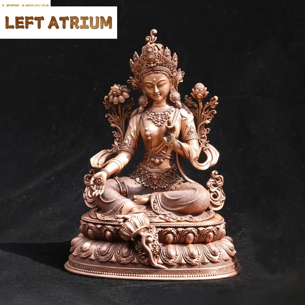 Pure copper green Tara Buddha statue, Retro mini figure of Buddha, Tibetan handicrafts offering small ornaments, Height 10cm