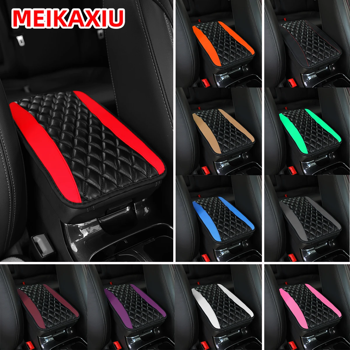 PU Leather Multi-Color Three-Dimensional Embroidered Car Armrest Cushion, Center Console Cushion, Car Decoration Items