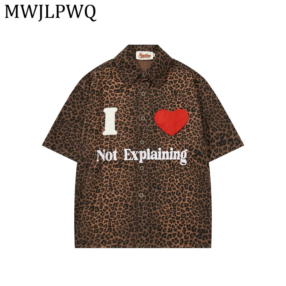 

MWJLPWQ Flocking Embroidered Leopard Print Short-Sleeve Shirt Loose Fit Men's Clothing Summer Hip-Hop Trendy Casual Tops 16432