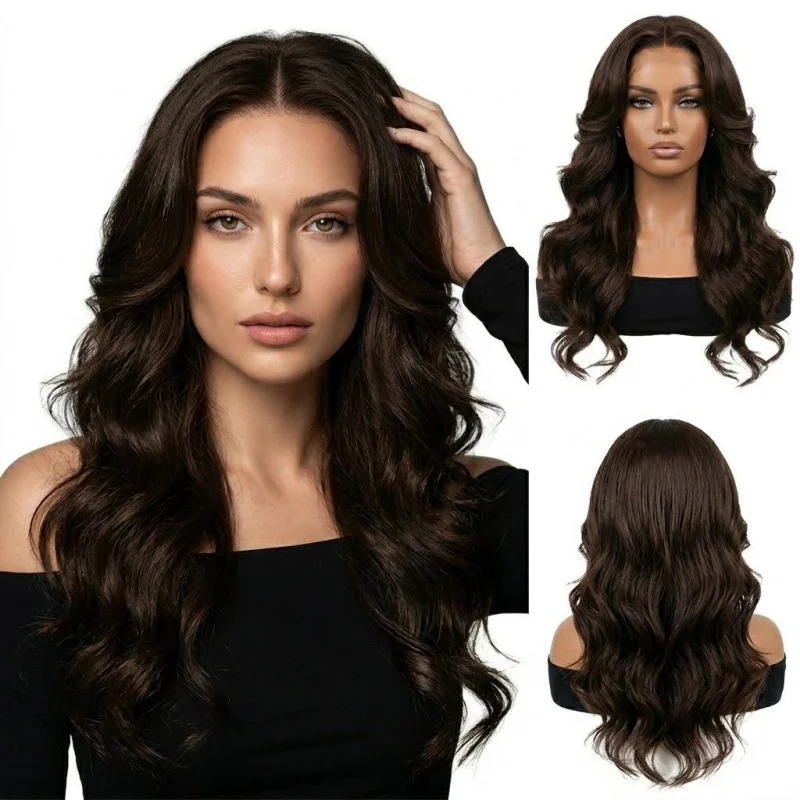 

24 Inch 13x4 Lace Front Brown Body Wave Synthetic Wig, Pre Plucked Hairline, Natural Fluffy Style, Heat Resistant Fiber