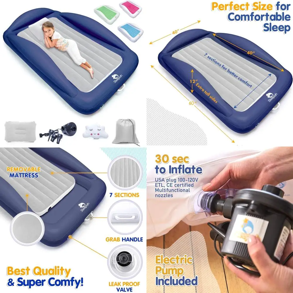 مجموعة مرتبة هوائية محمولة للأطفال الصغار قابلة للنفخ من Sleepah مع واقيات للسكك الحديدية الآمنة للأطفال والأطفال الصغار - تتضمن مضخة، C