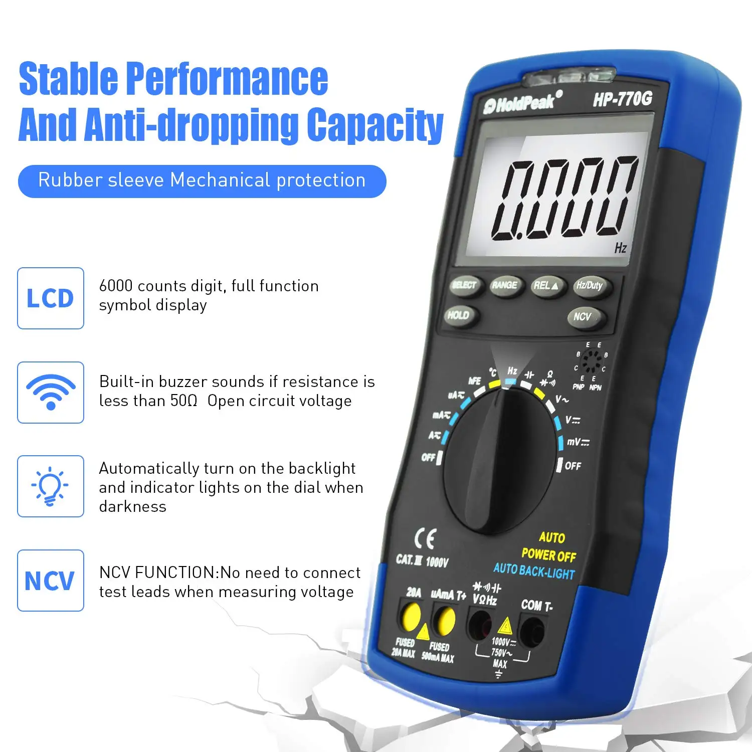 Imagem -06 - Holdpeak-multímetro Digital Auto-ranging Tester Medidor Elétrico Dmm 4000 Contagens para ac dc Amp Tensão Ncv Diodo Hfe 770g
