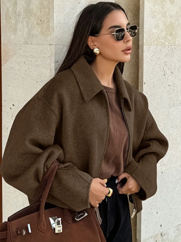 Women's Woolen Zipper Jacket Elegant Lapel Long Sleeve Blazer Thick Warm Short Coats Vintage Autumn Winter Streetwear Outerwear 4