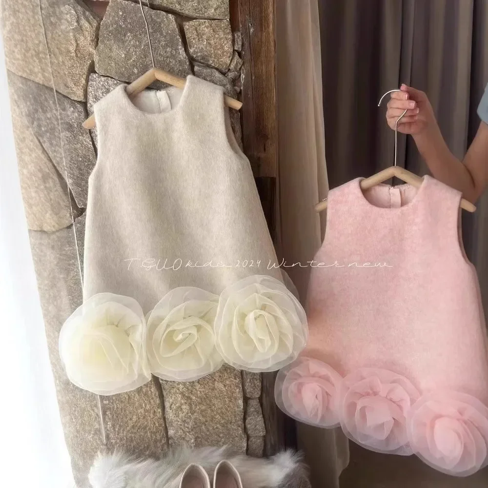 Childrens Clothing Dress 2024 New for Childrens Autumn and Winter Fashionable Flower Vest Dress for Baby Girls