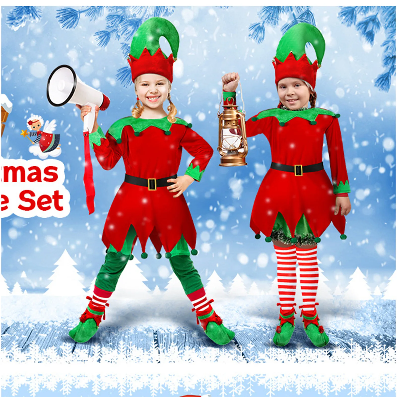 Girl 4 Pieces Christmas Elf Cosplay Costume Dress+Hat+Socks+Shoes Covers Kids 1-16Yrs Teen Xmas Season Party Pixie Fairy Clothes