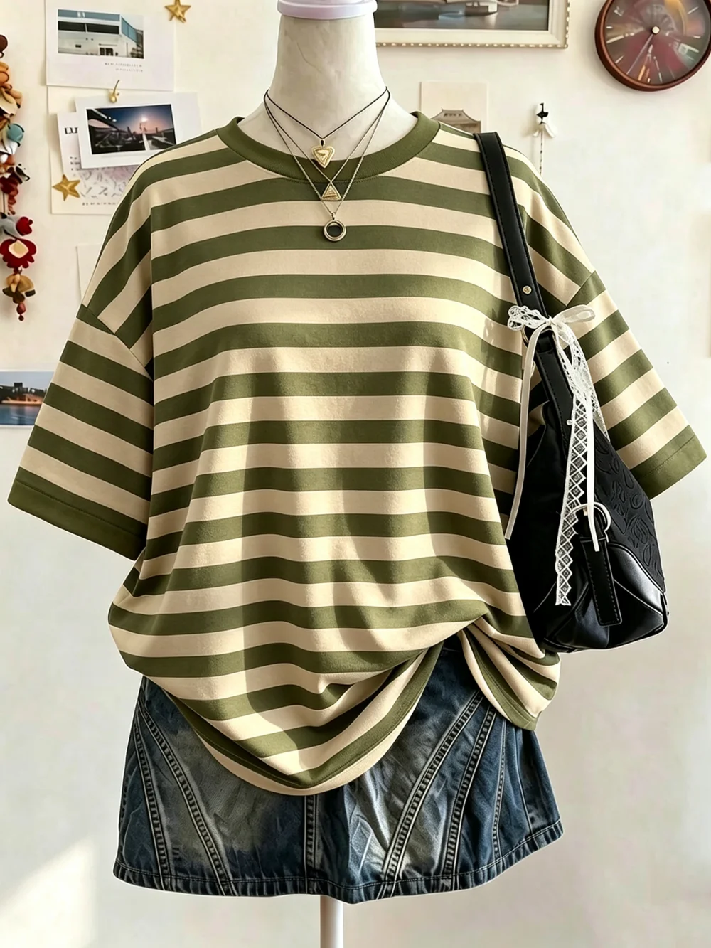 Bestseller # Damen-Oberteil mit Streifenmuster, kurzen Ärmeln, Kontrastfarben, Oversized-Schnitt, Beige, für den Sommer, lässig, für die Schule, modisch, elegant, im Y2K-Stil. – Detail 7