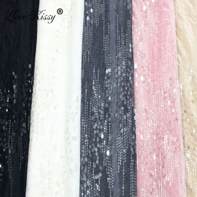 New Velvet Fabric 3+7mm Sequin Fabric Pink White Gray Black Apricot Embroidered Glitter Fabrics DIY Suit Party Dress Width:125CM