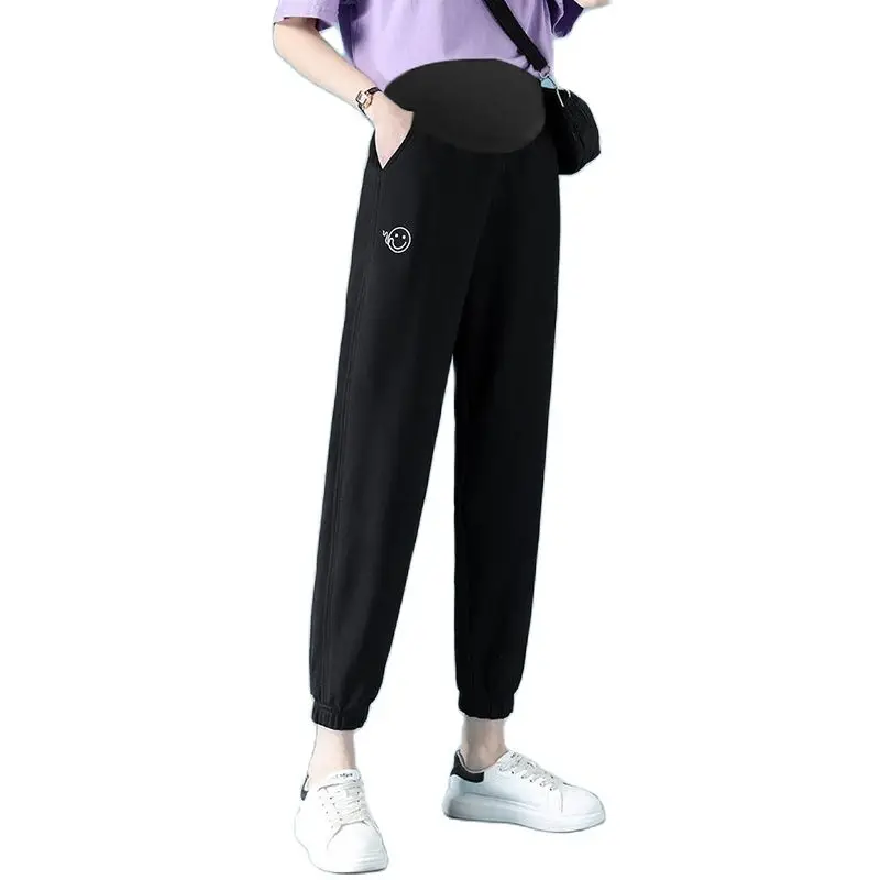 Autumn Pregnant Women Casual Sweatpants Smile Embroidery High Waist Maternity Belly Trousers Plus Size Pregnancy Cotton Pants