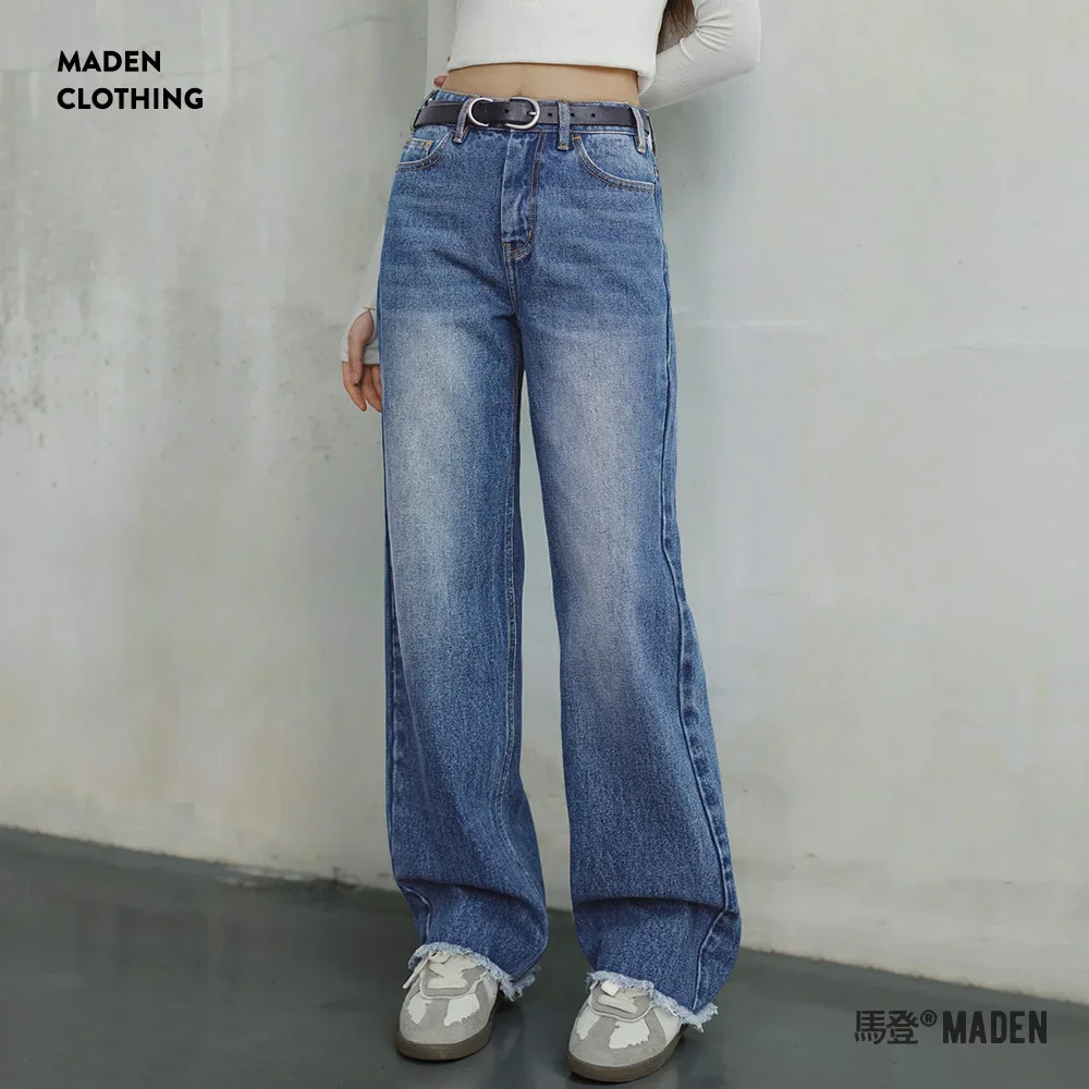 Maden Wash Blue Wide-leg Jeans for Women Autumn Straight Jeans Cotton Casual Frayed Pants Classical Denim Blue Trousers