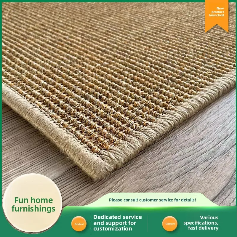 Natural Jute Rectangular Area Rug Solid Ivory Or Camel Machine-Woven Floor Mat Stitched Edge Custom Sizes Bedroom Living Room