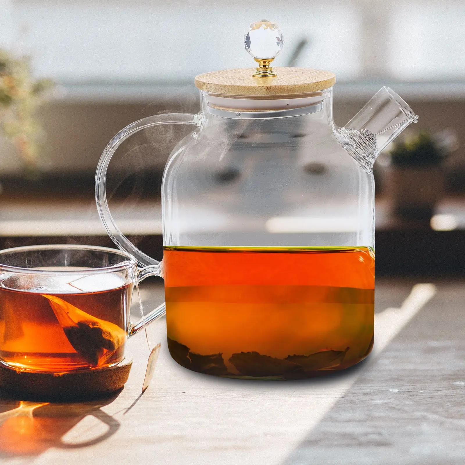 

Прозрачный стеклянный кувшин для воды с прочной бамбуковой ручкой, стеклянный чайник-термос для чая, сока, напитков, для использования на кухне, прозрачный чайник