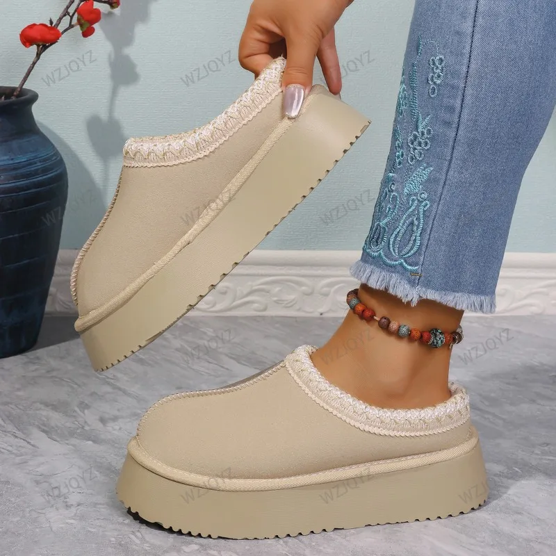 أحذية الثلوج النساء شتاء جديد الكشمير باطن سميكة دافئة دون كعب مغطاة الشعر نصف النعال أحذية قطنية الكشمير الأحذية الدافئة #2