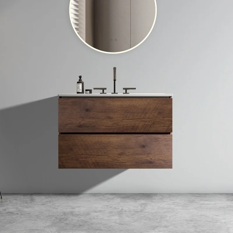 

30" Walnut Wall Mount Bathroom Vanity with Ceramic Sink, 3 Faucet Holes, Floating Design, Large Storage, One-Piece Basin, Pre-assembled