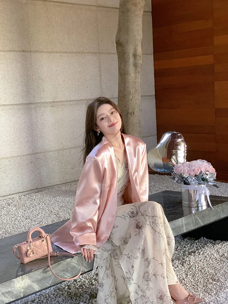 เสื้อแจ็คเก็ตผู้หญิงทรงหลวม แขนยาว ไม่มีปก ทำจากวัสดุอะซิเตท สีชมพู เหมาะสำหรับใส่ทำงานหรือเดินทางในฤดูใบไม้ผลิ