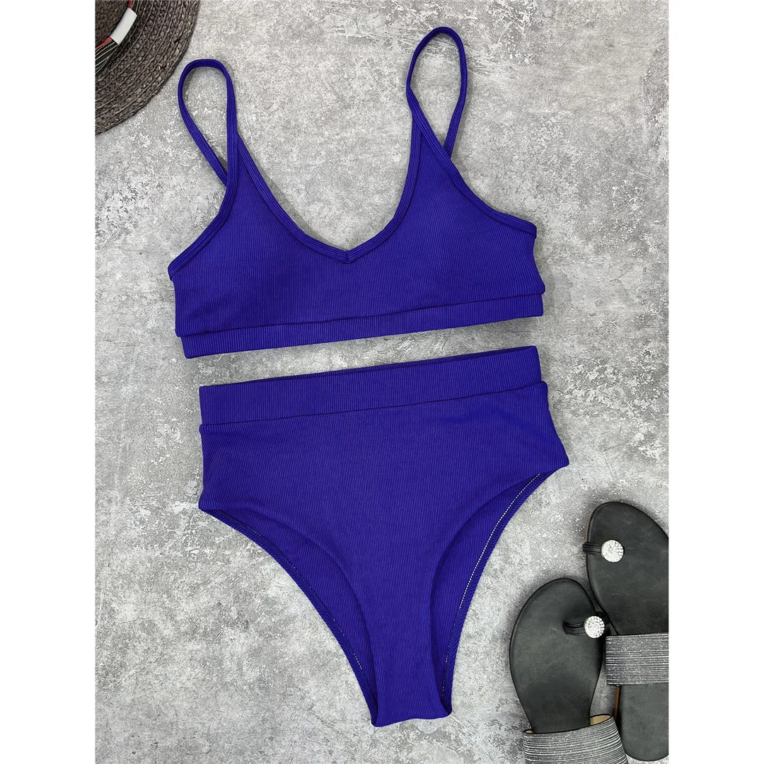 Neuer, gerippter, gepolsterter Bikini mit hoher Taille in 4 Farben, Damen-Badeanzug, zweiteiliges Bikini-Set, Badebekleidung, Badeanzug, Modell V3768. – Detail 31