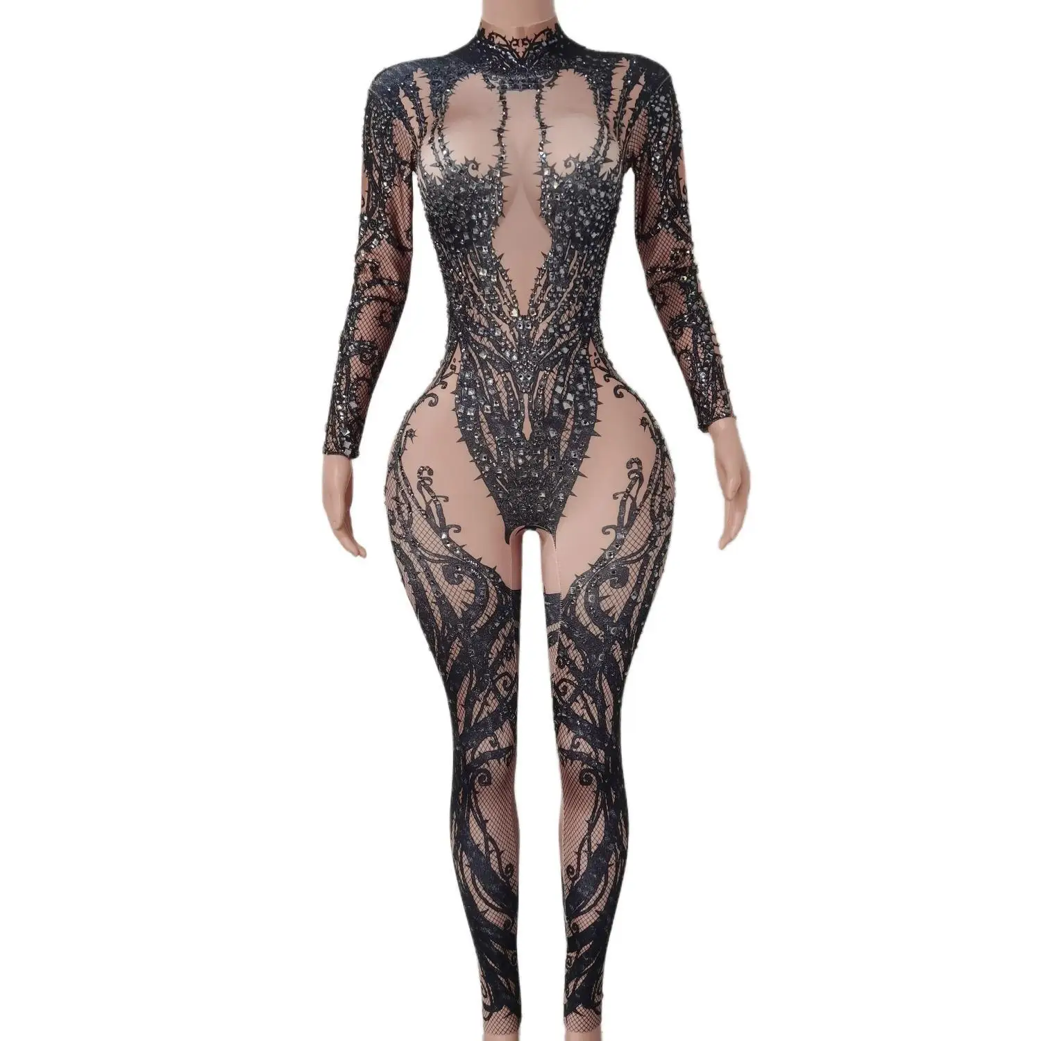 

Elegant Luxury Women's Long Sleeved Jumpsuit Transparent Performance Sexy Stage Birthday Jumpsuit Luxury Bar Singer Club CI