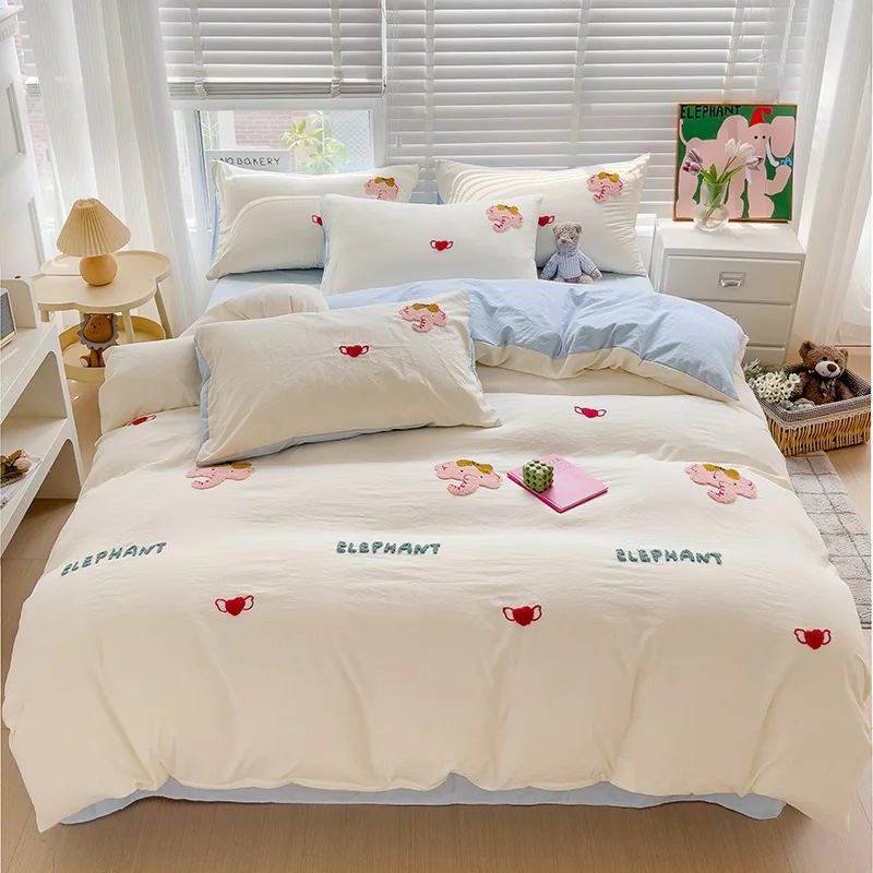 Cartoon Elephant Duvet Cover Twin 3 Pcs Tufted Embroidery Bedding Set Washed Cotton Romantic Love Heart Pattern Comforter Cover