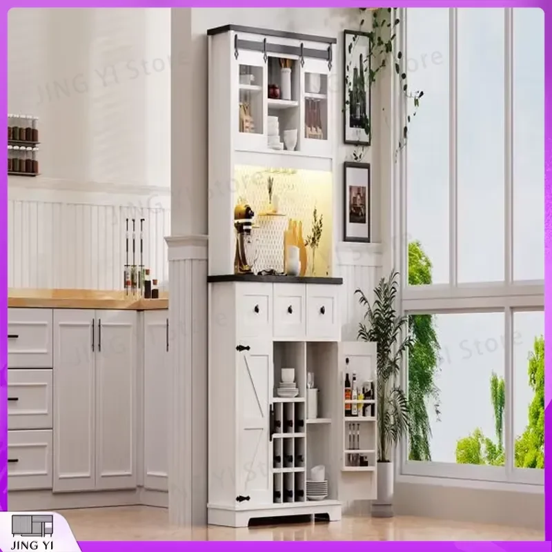 71L White Oak Wine Cooler Refrigerator Bar Cabinet with 3 Drawers Sliding Doors Power Outlets Pin Board Wine Glass Holder