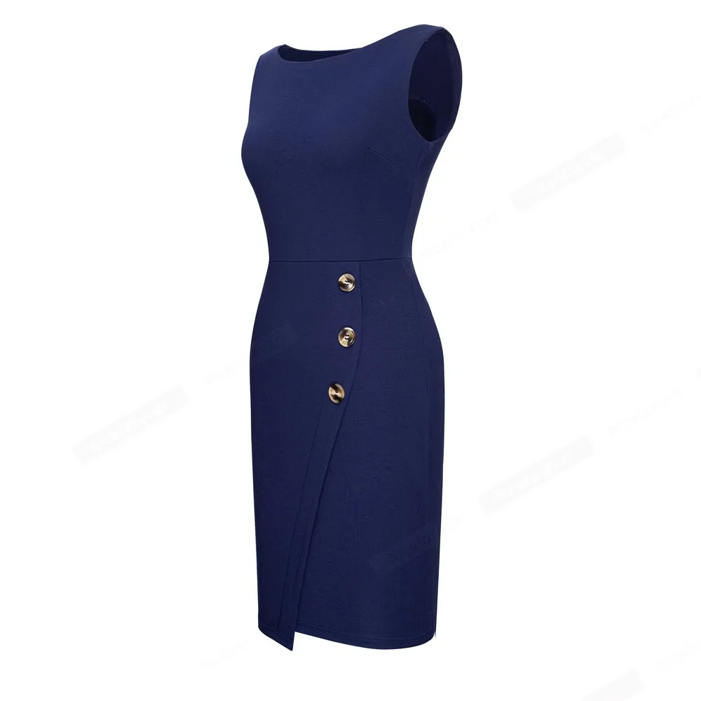 Women Elegant Charming Sleeveless Round Neck Buttons Lady Office Mini Shift Dress HB705