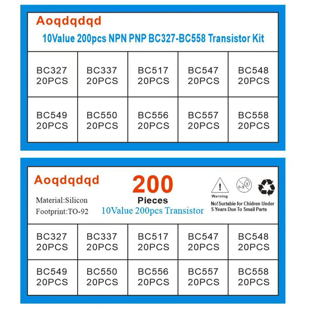 200 Buah Set Transistor 10 Nilai TO-92 Kit Transistor Kotak Beraneka Ragam BC327 BC337 BC517 BC547 BC548 BC549 BC550 BC556 BC557