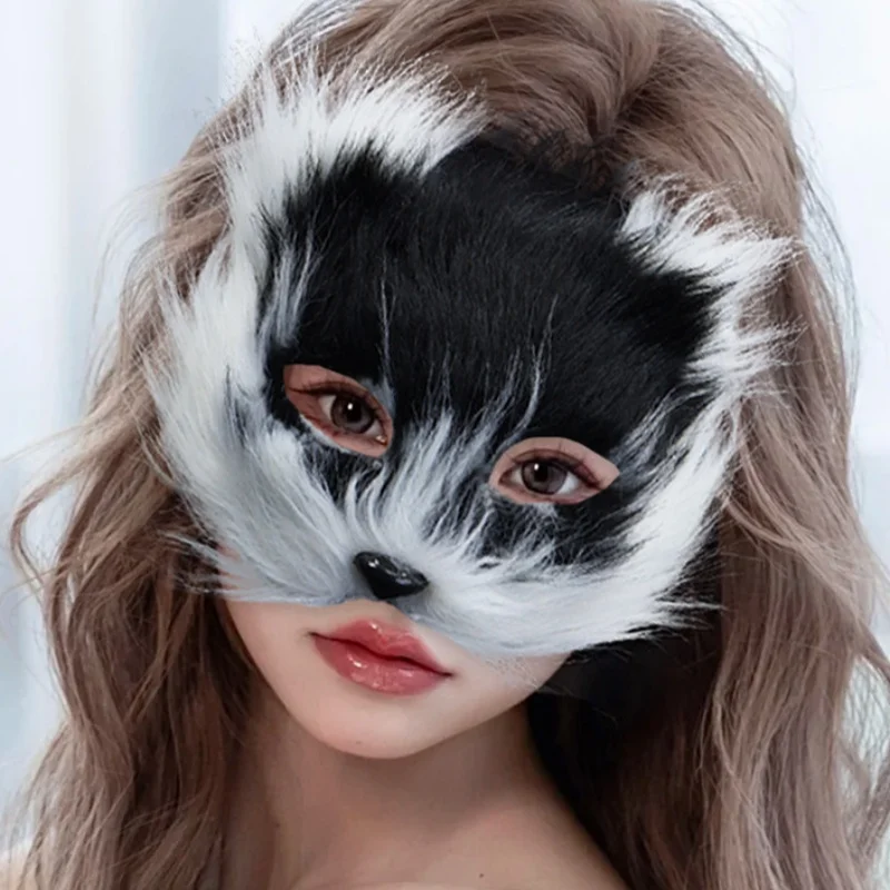 

Faux Furs Furry Animal Cat Hair Mask Halloween Cosplay Carnival Party Fox Shape Face Mask Fancy Unisex Masquerade Headcover Prop