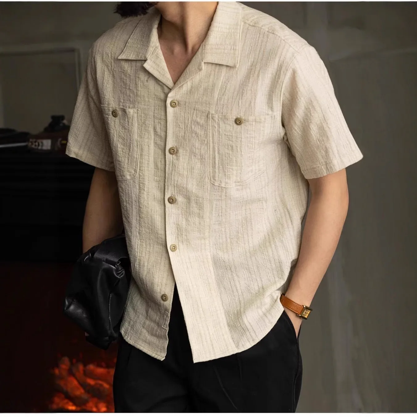 

2026 New Summer Men's American Vintage Linen Jacquard Blend Short Sleeve Shirt Casual Cuban Collar Loose Lapel Button Down Tops