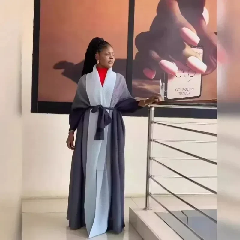 GGHK Pleated Women Plus Size Trench 2024 Autumn New Lapel Bat Sleeve Solid Color Vintage Cardigan Design Female Luxury Abaya