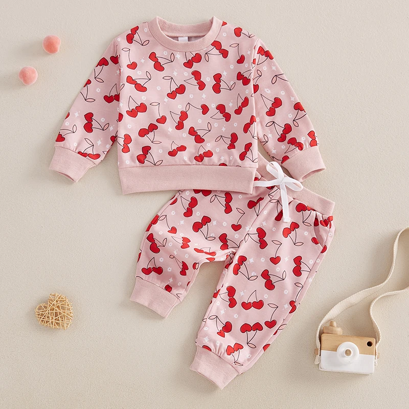 Toddler Girls 2PCS Fall Sets Long Sleeve O Neck Cherry/Heart Print Tops Drawstring Pants Set