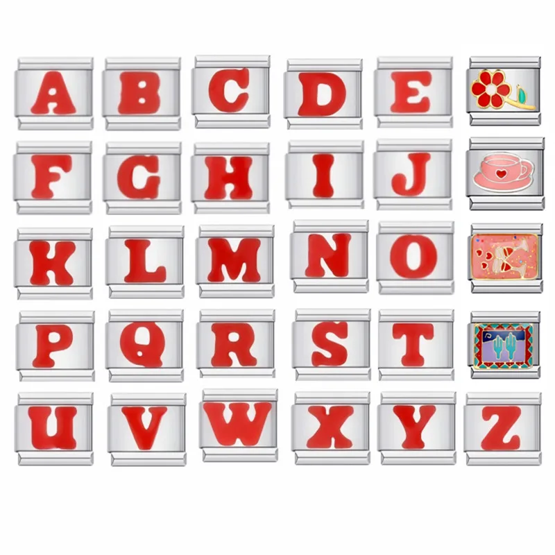 Hot Sales 1pc Red Glaze 26 English Letters A-Z Italian Charm Links Fit 9mm Bracelet Stainless Steel Fashion Jewelry DIY Making