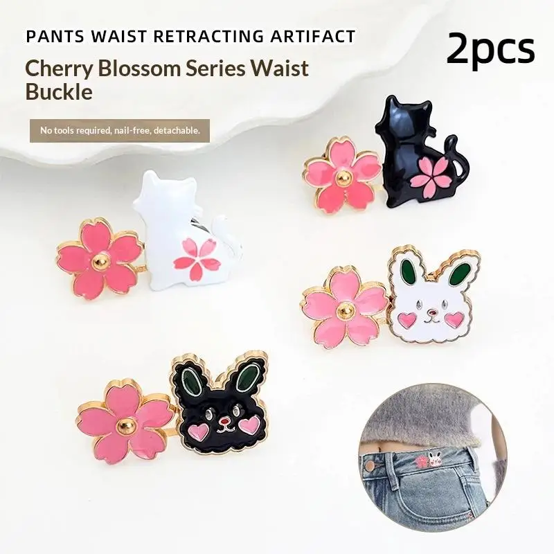 2pcs Flower Rabbit Design Pants Waist Adjustment Buckle Metal Shank Button Jeans Pants Tightener Clip Tightening Buckles Pins