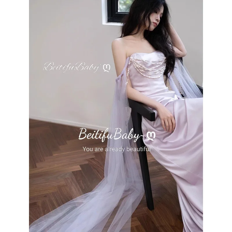 BeitifuBaby Elegant 2024 Stainชุดราตรีสตรีสไตล์เรียบง่ายปิดไหล่Pearl ChainกระโปรงMermaidจัดเลี้ยงBall Gown