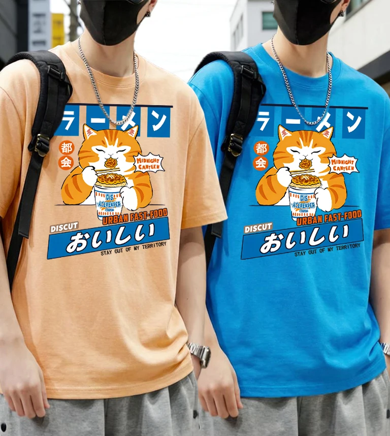 

Cat Enjoying Instant Noodles Prints Man Cotton All-Match Summer Short Sleeve Sets Basics Loose T Shirt Youthful Comfortable Top