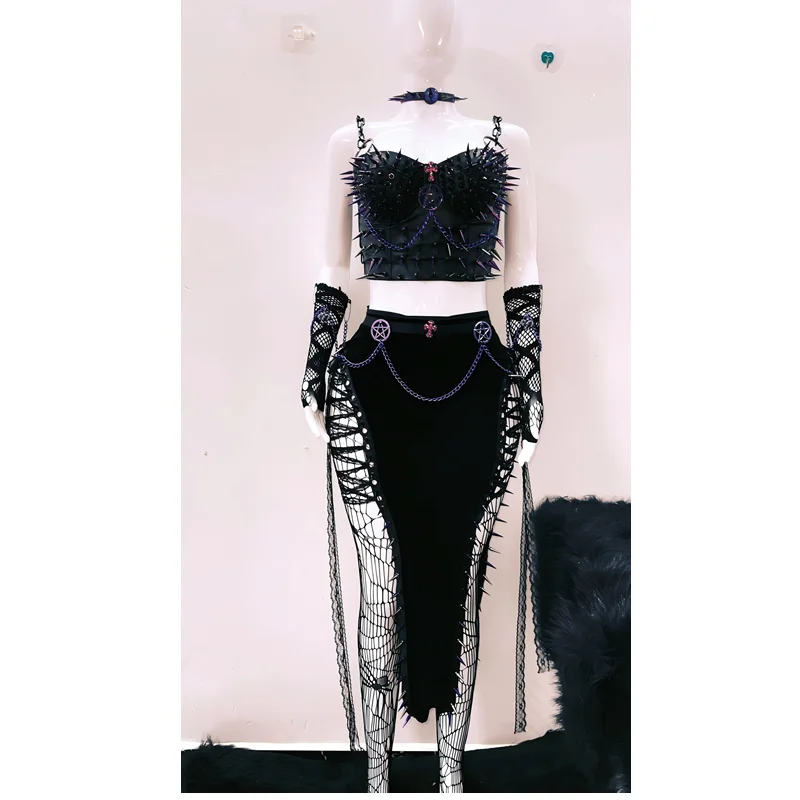 Original Design Neue Heavy Metal Niet Punk Rock frauen Top Gothic Dark Subkultur Süße Kühle Sexy Mesh Langen Rock set Damen