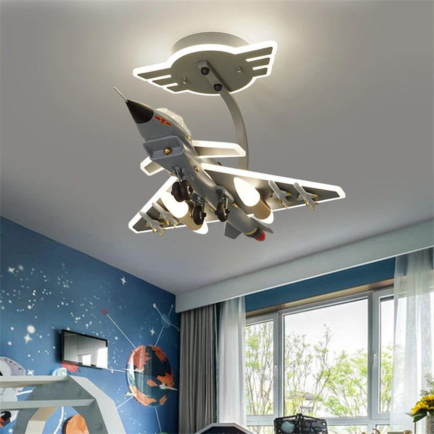 Cartoon gray model airplane ceiling lights dimming kids room boy's bedroom lamps eye protection energy saving decor lighting