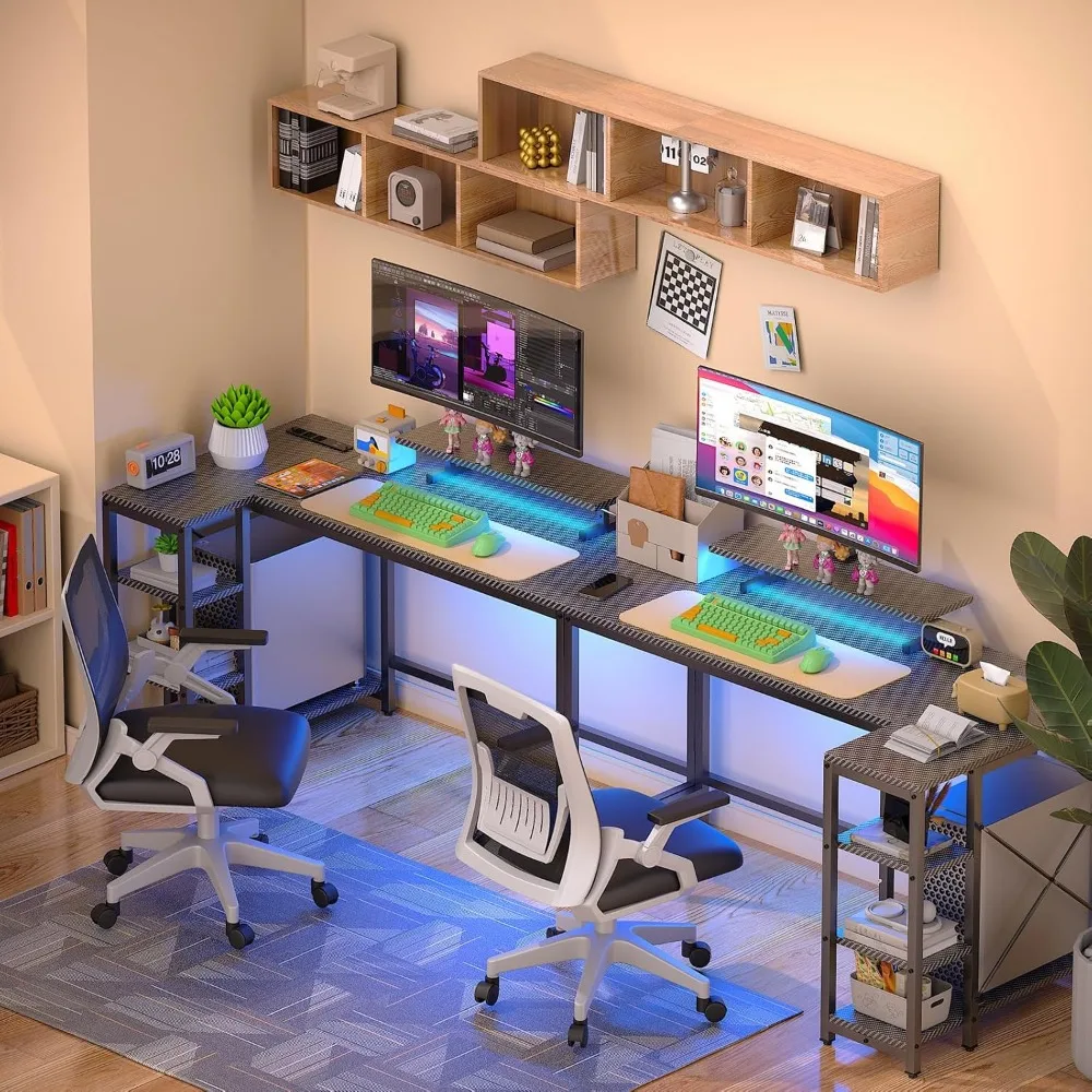 LED-Illuminated L-Shaped Gaming Desk with Adjustable Monitor Stand, Power Outlet, and Storage for 40-inch Reversible Computer De