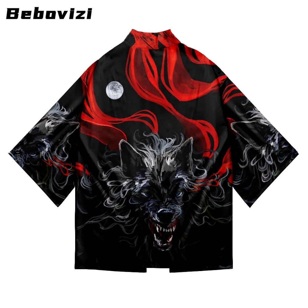 

Bebovizi Fashion Beach Cartoon Wolf Print Cardigan Haori Women Men Loose Yukata Asian Clothes Japan Harajuku Cosplay Kimono