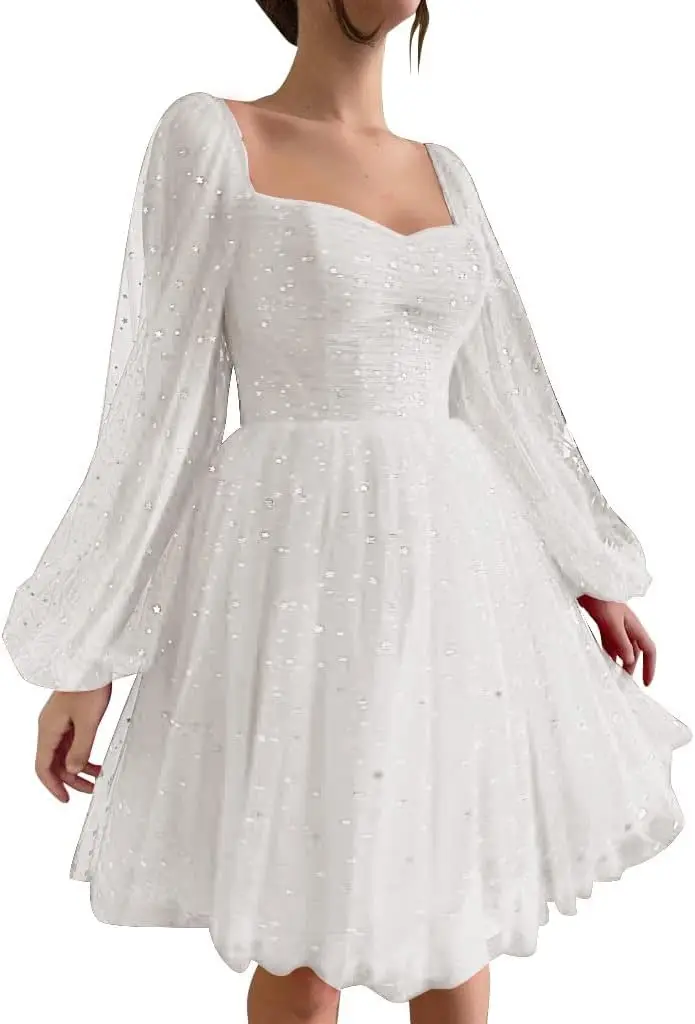 

Блестящие тюлевые платья для встречи выпускников для подростков, короткое платье для выпускного вечера с пышными рукавами, блестящее вечернее платье, выпускное платье