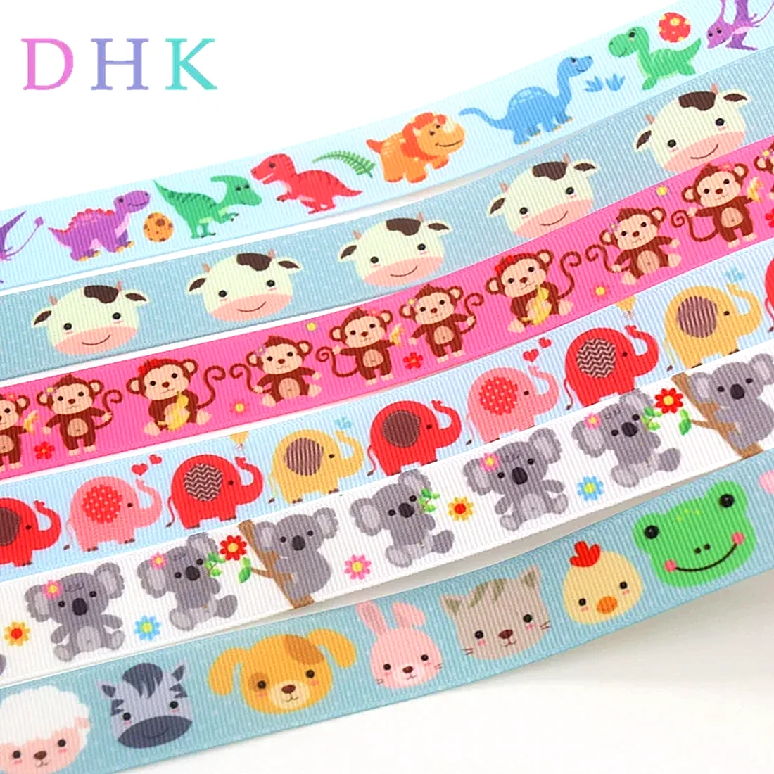 DHK 50yards Monkey Elephant Dinosaur Koala Printed Grosgrain Ribbon Accessory Hairbow Headwear Decoration Wholesale Craft S1030