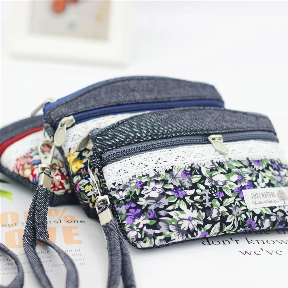 Street Trend Women's Cotton Fabric Lavender Flower Print Pattern Double Handles Carrying Fabric Coin Purse Countryside Coin Bag