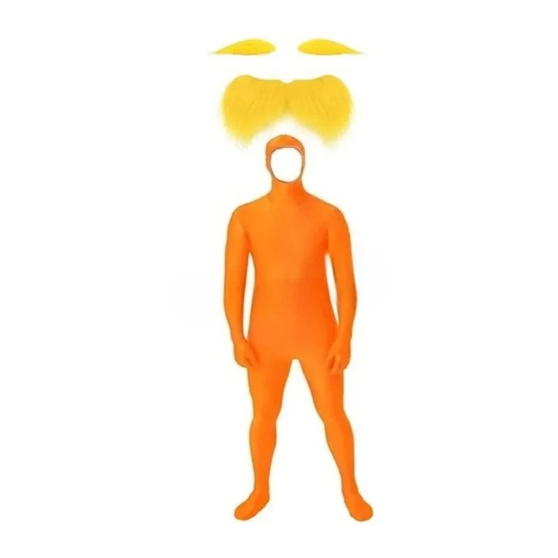 Halloween cosplay Party Jumpsuit Orange Costume Yellow Moustache and Eyebrow Baring Orange Bodysuit Masquerade Outfits