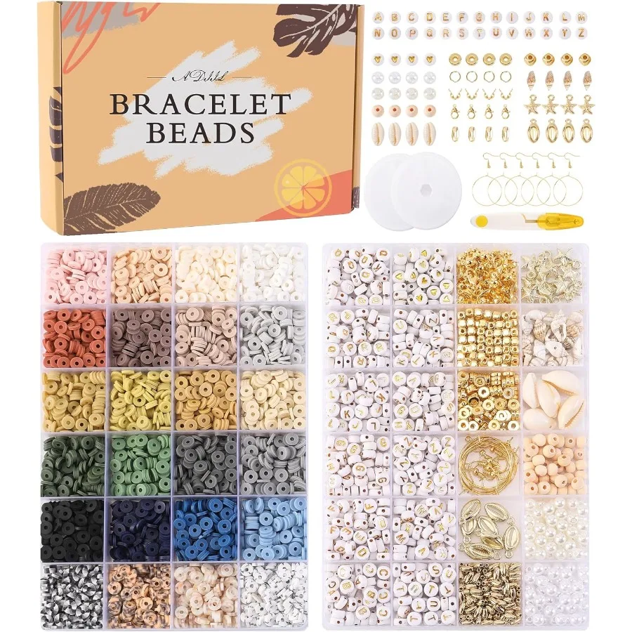 

7200 Pcs Clay Beads Friendship Bracelet Making Kit 24 Colors 6mm Polymer Heishi Beads Neutral