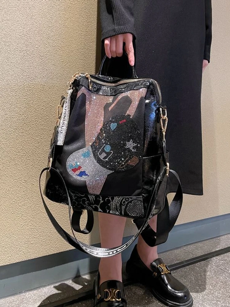 Fashionable Glitter Leather Backpack Women's Multi-Functional Shoulder Bag Elegant Trendy Bucket Bag Style for 2026 Spring