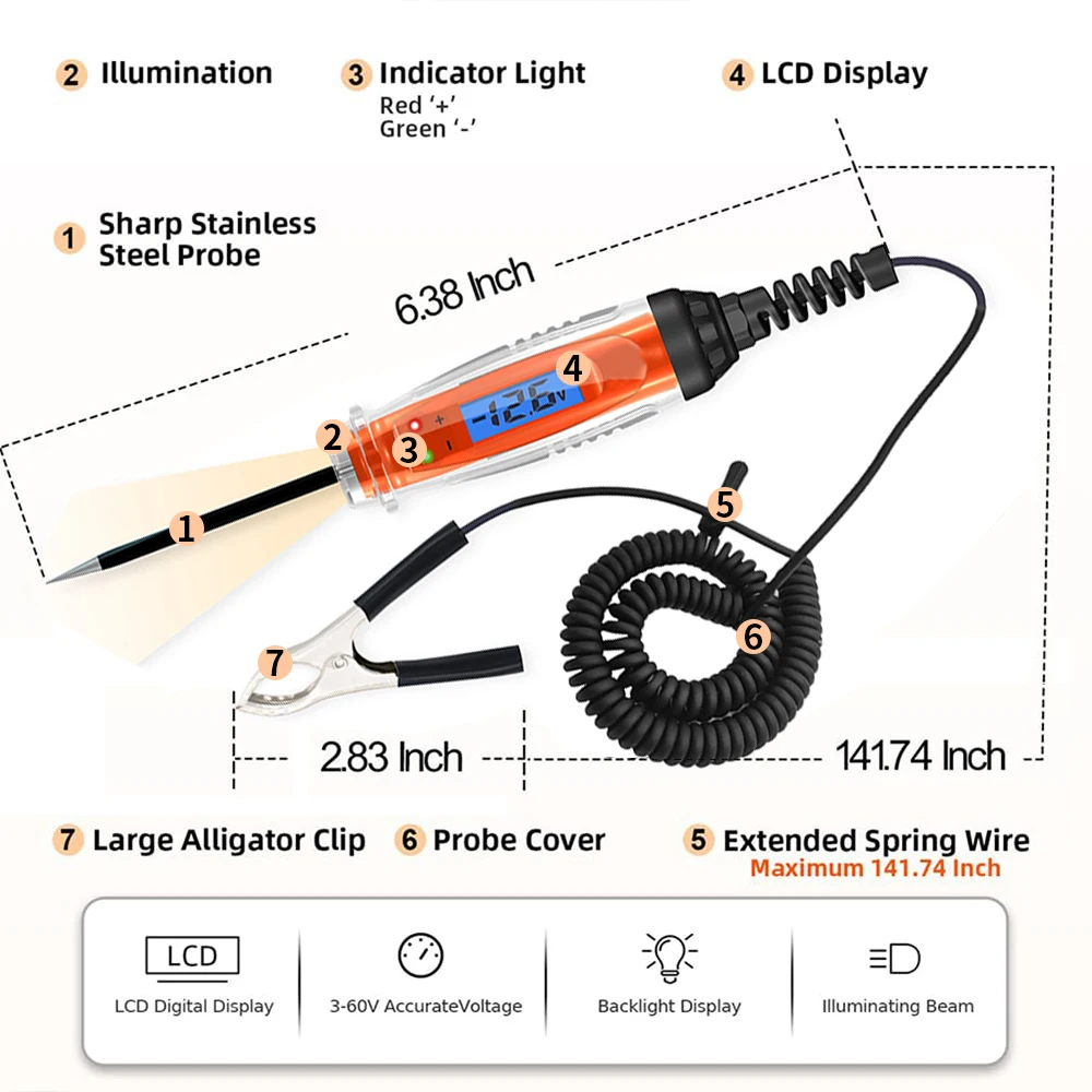 Automotive Test Light 3-60V DC Digital Light Tester Heavy Duty Auto Circuit Tester Electric Test Pen with Illumination