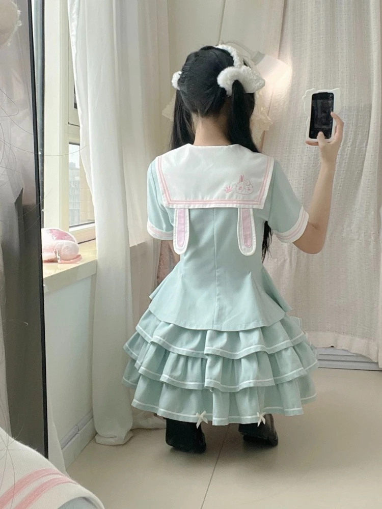Kawaii Japanese Sailor Collar Pink Bow Mint Green Tiered Pleated JK 2 Piece Uniform Set Women Slim Fit Daily Wear Cosplay Outfit