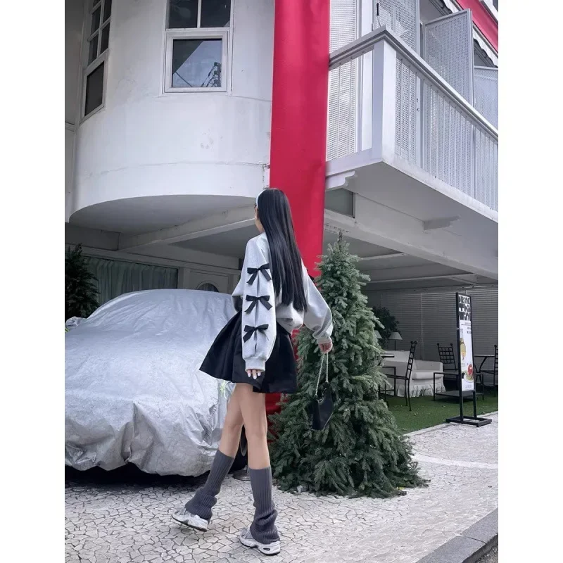 

Spring Autumn New Fashion O Neck Loose Bow Long Sleeve Solid Hoodie Korea Style Chic Sweatshirt For Women Y2k Streetwear