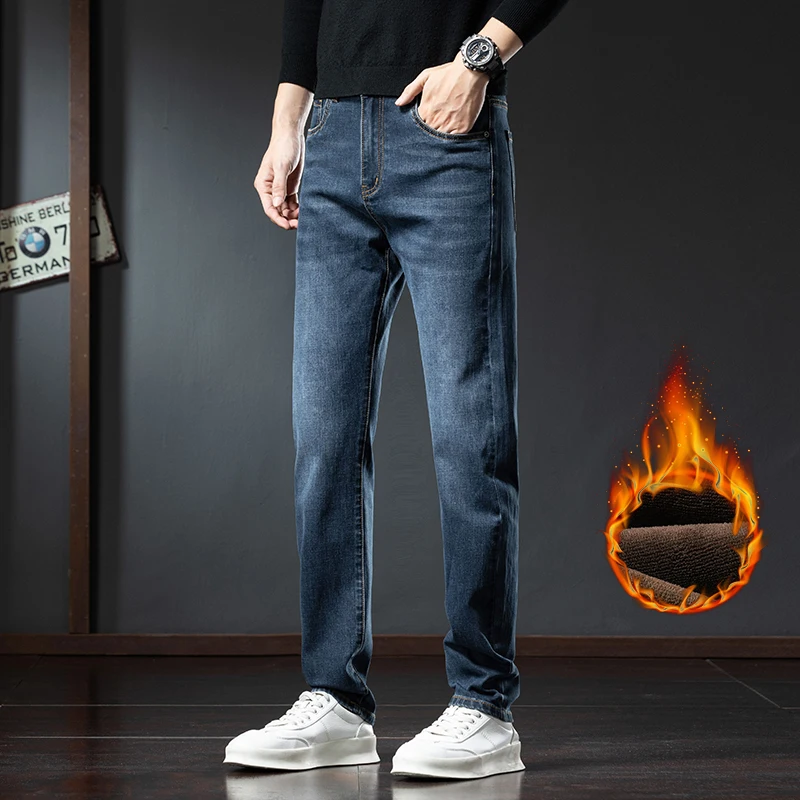 أزياء الشتاء الرجال الصوف الجينز تمتد سميكة الدافئة مريحة سراويل جينز عارضة المخملية الكلاسيكية الذكور الملابس السراويل